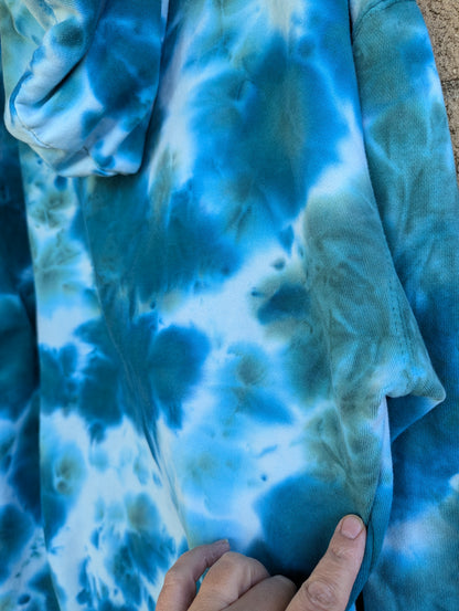 Extra Large Unisex Blue and Green Liquid Dyed Hoodie